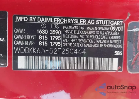 2002 Mercedes-Benz Slk 320 from USA, damaged, VIN WDBKK65F52F250464